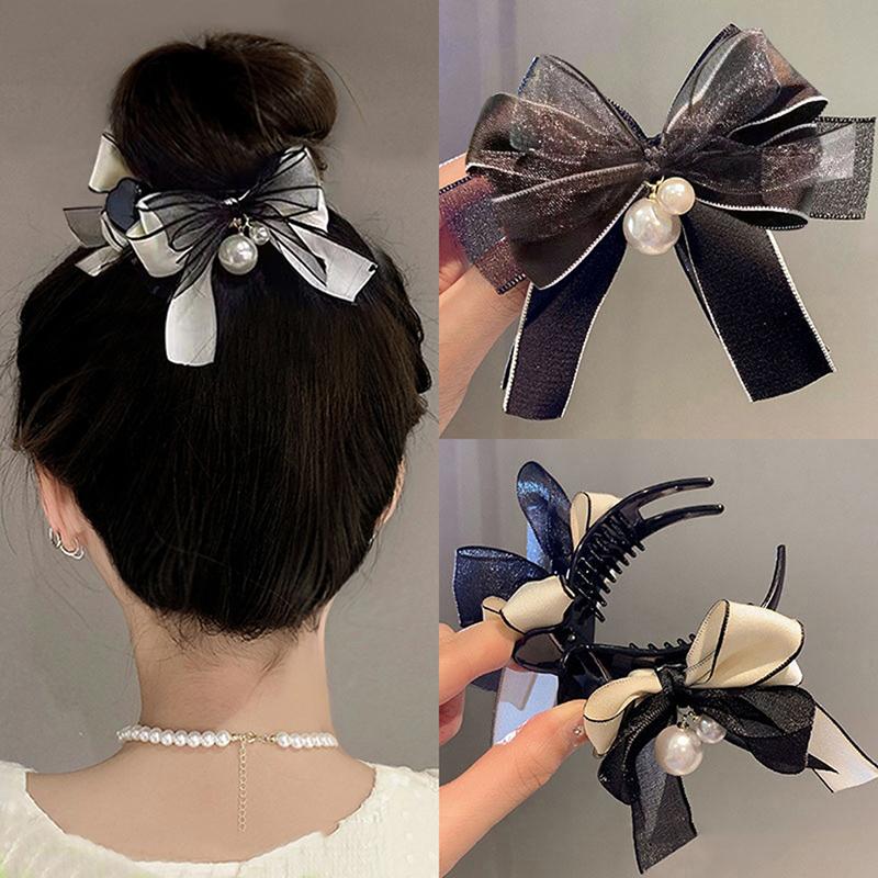 New Lace Bow Pearl Hair Claws Advanced Sense Elegant Hair Clip Women Korean Fashion Girls Daily Wear Hairpins Hair Accessories