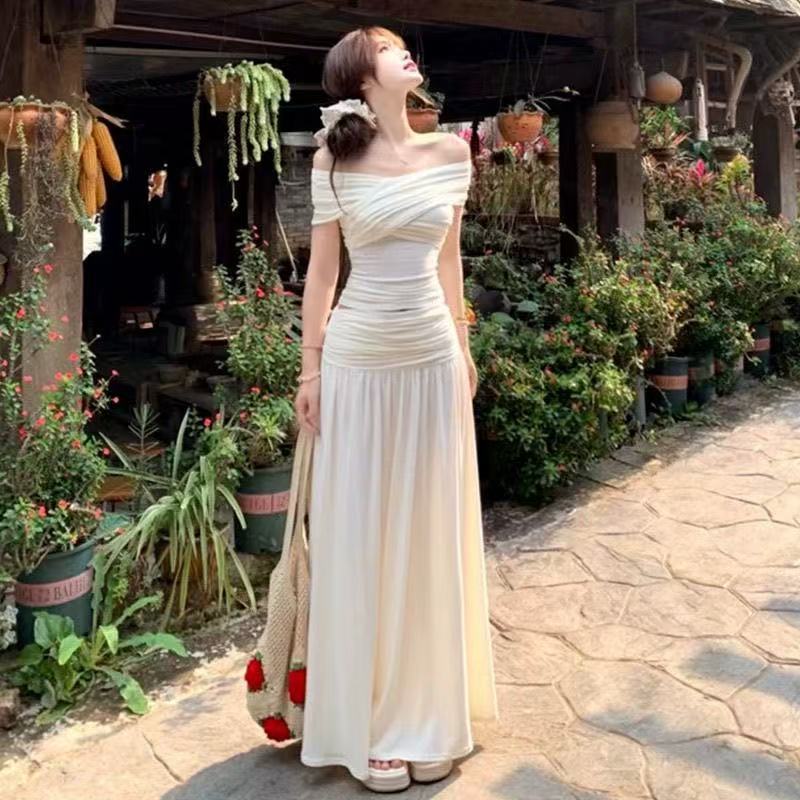 French white off-shoulder top for women, summer design with a gentle and elegant knit midi skirt, two-piece set dress