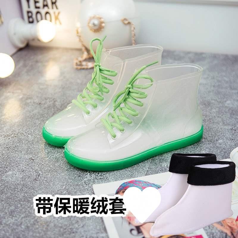 Jelly Transparent Non-slip Fashion Waterproof Shoes Rain Shoes Rain Boots Rubber Shoes Overshoes Velvet Cotton Water Boots Women's Short Tube Adult