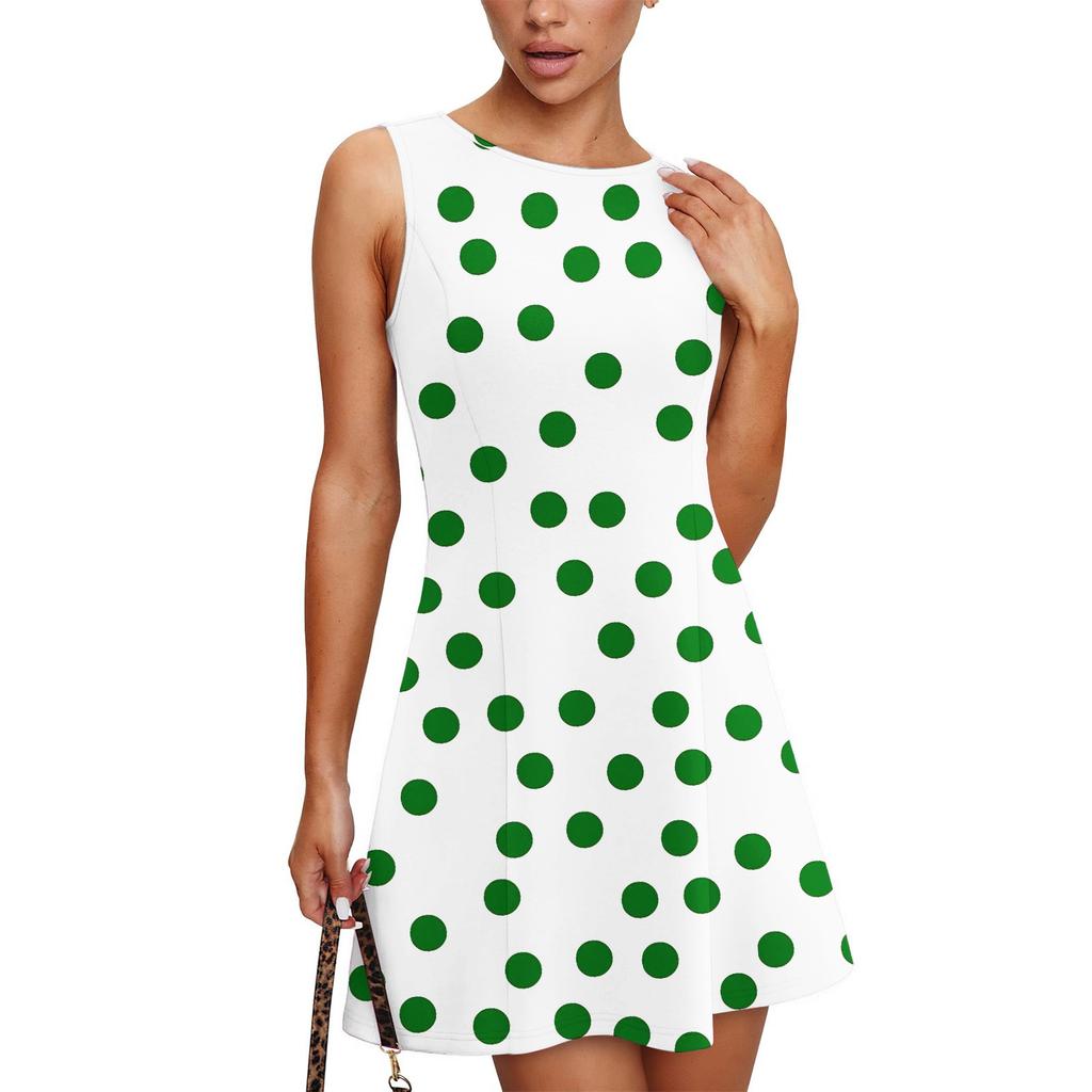 Women's Summer Dress Casual Sleeveless Round Neck Polka Dot Printed Vest Sundress