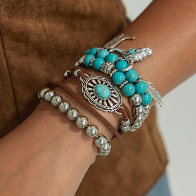 Retro Ethnischer Stil Stierkopf Anhänger Armband Set, Böhmische Blumenplatte Türkis Perlen Schmuck.