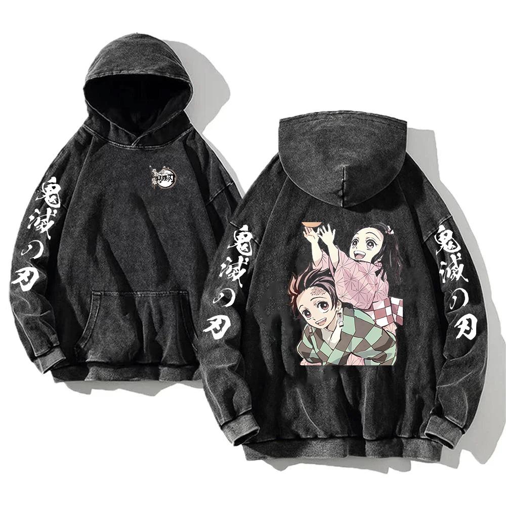 

Tanjirou Nezuko Cute Printed Hooded Men Women Demon Slayer Hoodies Vintage Washed Sweatshirt Harajuku Male Cotton Streetwear XXL чёрный