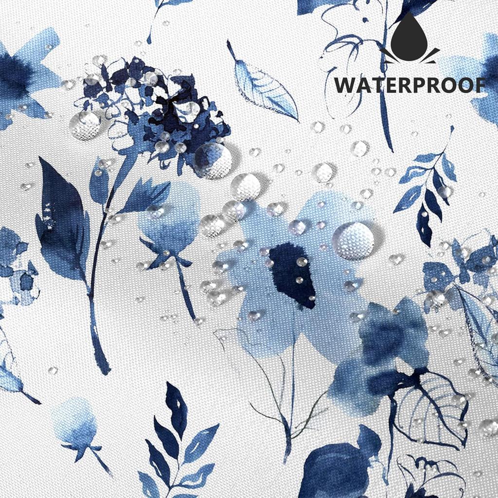 Blue Watercolor Floral Shower Curtain, Ink Flowers Botanical Bathroom Decor, Waterproof Fabric with Hooks