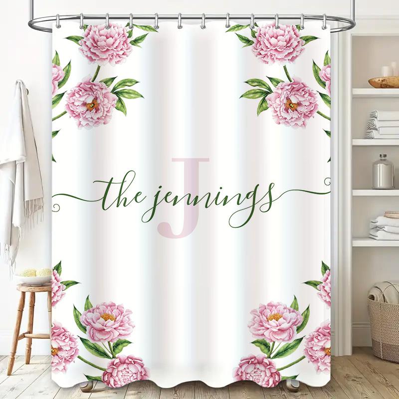 Floral Print Personalized Shower Curtain for Bathroom Decor Custom Name Initials Pink Peonies Design Made of Water-Resistant Fab