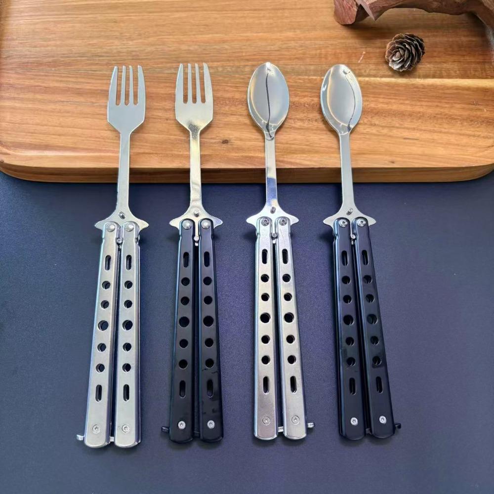 Stainless Steel Butterfly Cutter Style Folding Spoon Rust-proof Portable Spoon Forks Outdoor