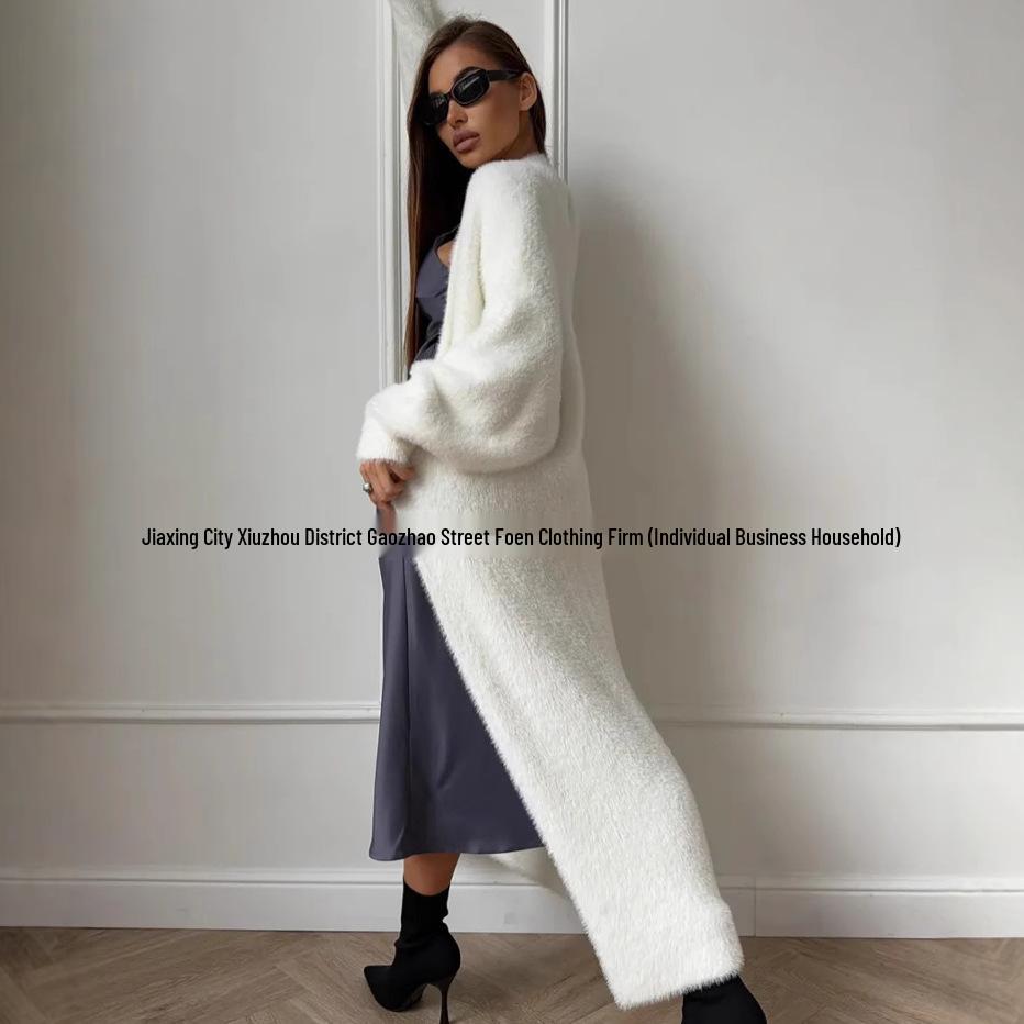 Women's Plush White Imitation Mink Long Cardigan – Cozy Autumn/Winter Knitwear, Plus Size Available