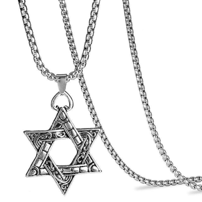 Stainless Steel Jewelry Titanium Steel Necklace Men's Retro Double-sided Six-pointed Star Alloy Pendant Personality Hip Hop Accessories