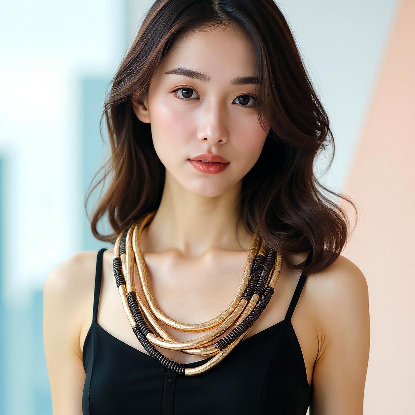 Leisure trend punk style metal wood multi-section tubular splicing multi-layer necklace light luxury high-end women