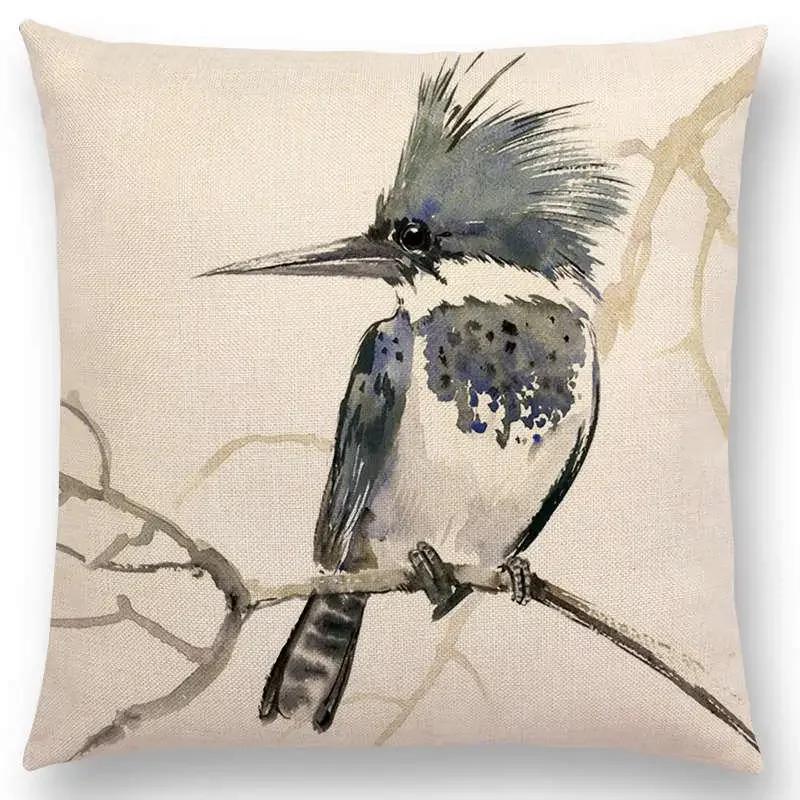 Watercolor Birds Series Cushion Cover Goldfinch Chickadee Cardinal Kingfisher Prints Pillow Case