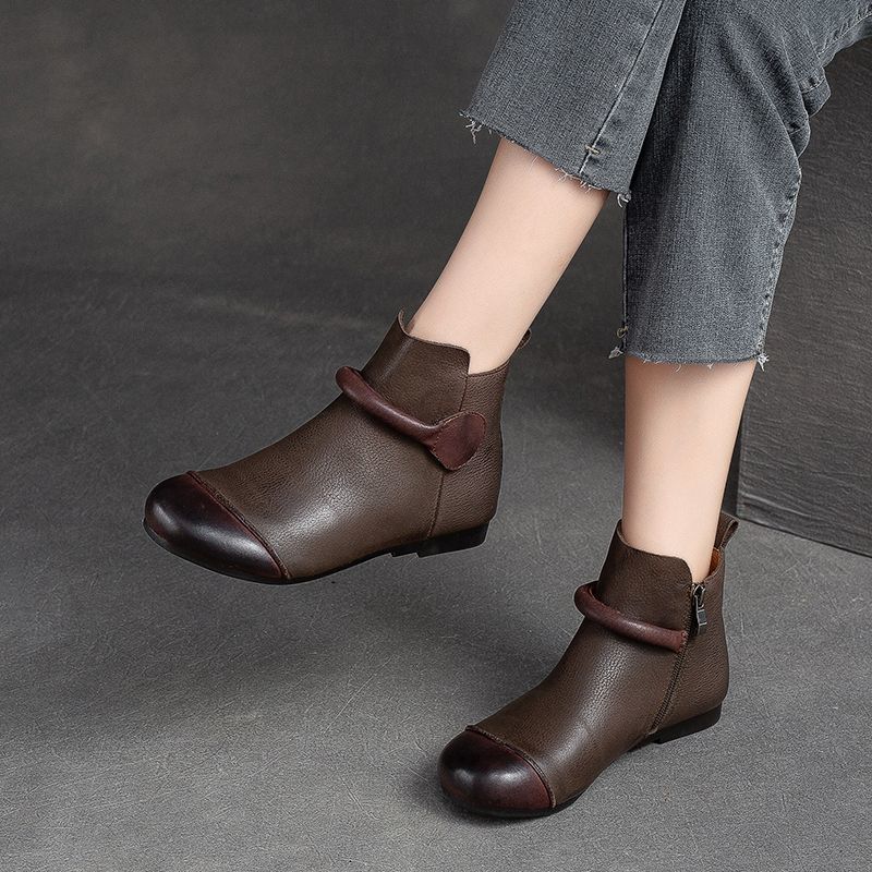 Autumn and Winter New Real Soft Leather Retro Style Female Mother Shoes Beef Tendon Soft Sole Round Head Versatile Short Boots Handmade Single Boots