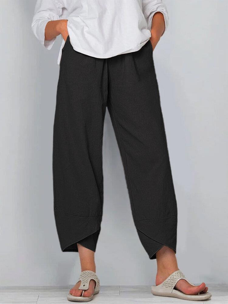 Women's Hot Selling Wide Leg Cotton Linen Pants – Elastic Waist, Casual, Nine-Point Style