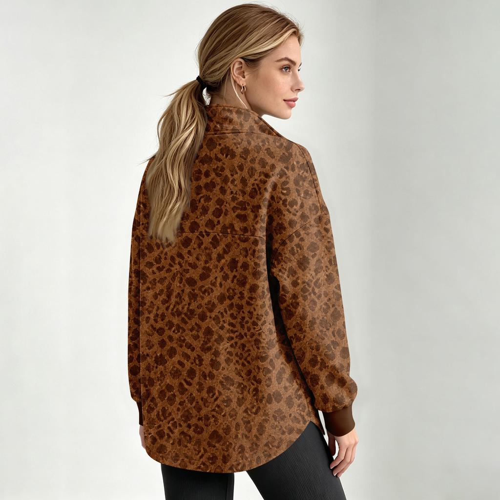 Women's Leopard Print Quarter-Zip Pullover Sweatshirt