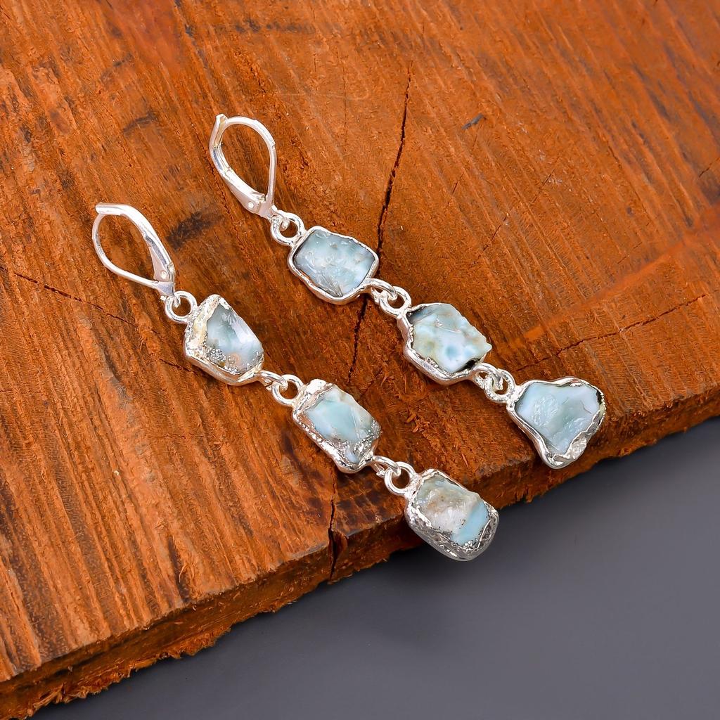 Larimar Stone Silver Plated Anniversary Electroformed Dangle Wife Gift Earrings V-101