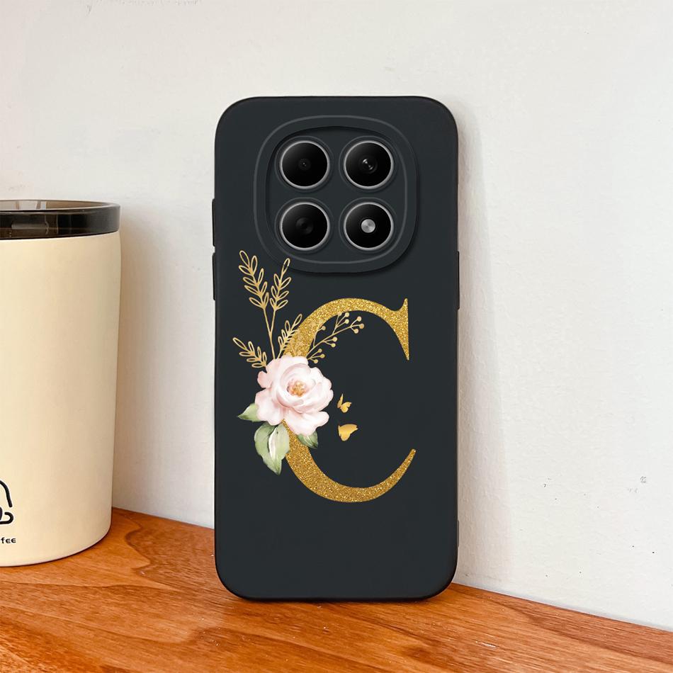 Floral Gold Letters Cover For Poco M8 Pro Phone Case Soft Smooth Liquid Silicone Anti Drop Protective High Quality Couple Bumper