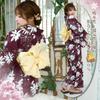 RAVIR Yukata Neat and White Daisy Standout Japanese Fluffy and Geta One Size Fits All Women's 3-Piece Set, Bordeaux, Clean, Print, Style, Obi,