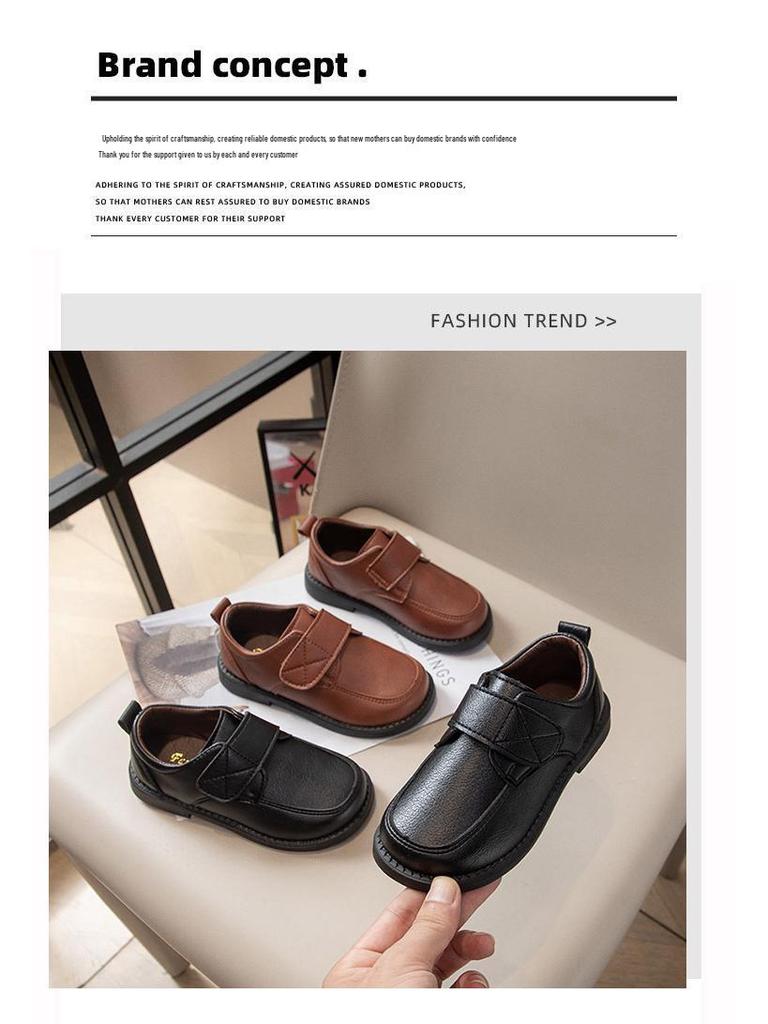 Matowe czarne skórzane buty casualowe w stylu brytyjskim dla chłopców, antypoślizgowe, na rzepy (Wiosna jesień)