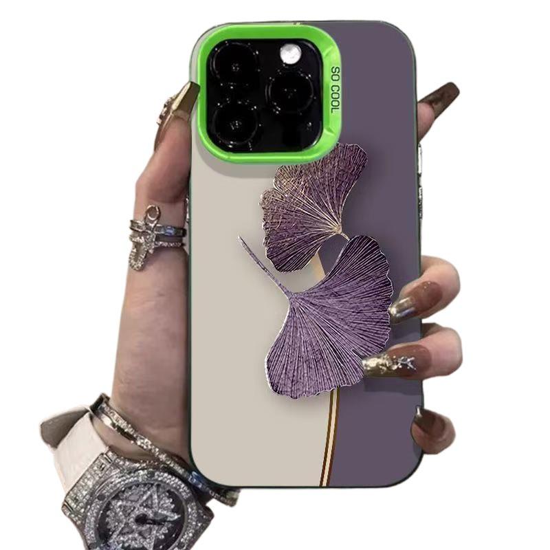 Paars Ginkgo Blad Design Zilveren Shell Telefoonhoesje voor Apple 17/16/15 Pro, 14 Pro Max, en 13.