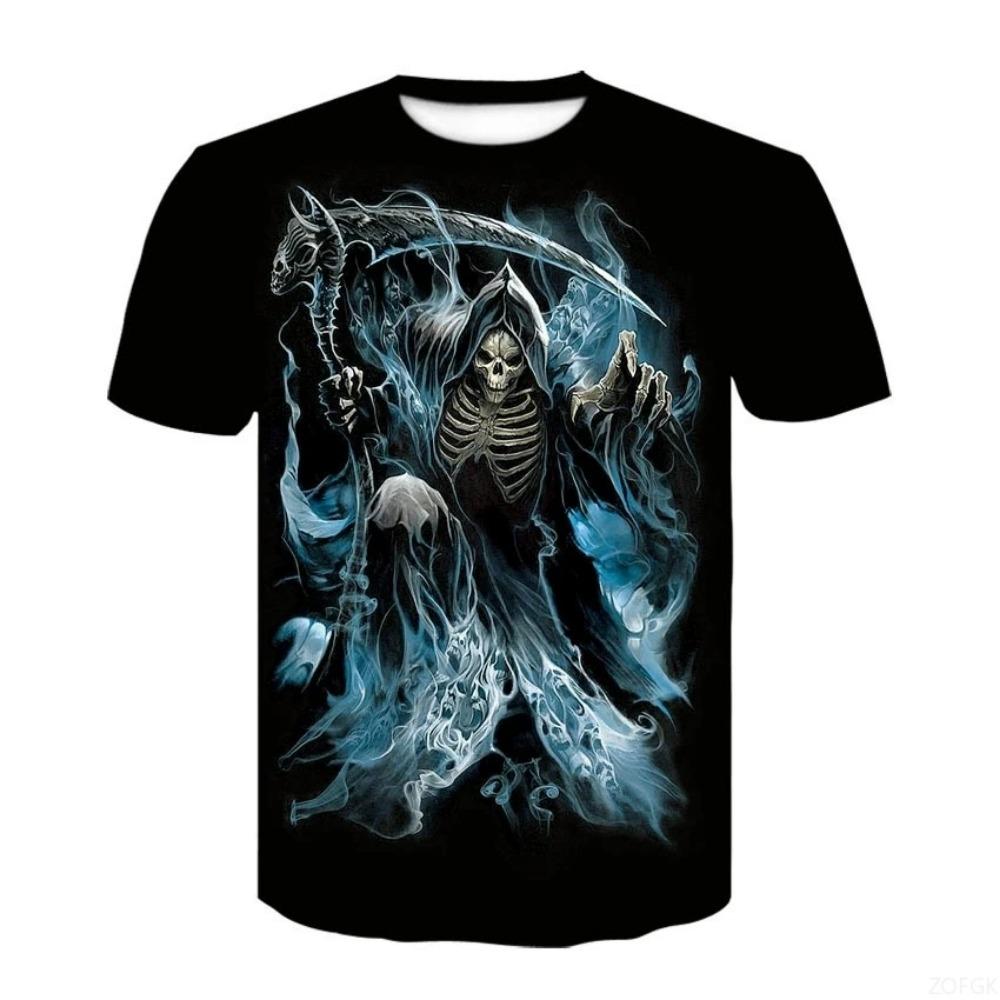Anime Summer Printed Terrifying Skull 3D Fashionable Trendy Casual Comfortable Short Sleeve Personalized Round Neck Man