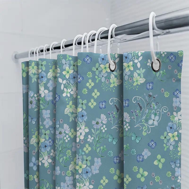 Blumen Duschvorhang Wasserdicht Natur Botanisch Blau Grün Bäume Pflanzen Badezimmer Dekor Vintage Bauernhaus Ästhetik Heimtextil