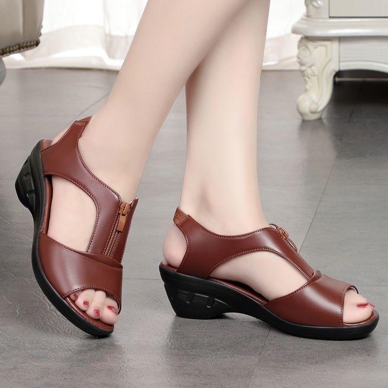 Women's Sandals Soft Leather Wedge Flat Shoes 2025 Summer New Fish Mouth Slope Heel Sandals Comfortable Soft Bottom Shoes