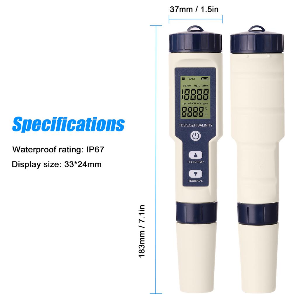 EZ-9909 5-v-1 tester PH/EC/TDS/slanost/teploměr přenosný tester kvality vody bez podsvícení s baterií