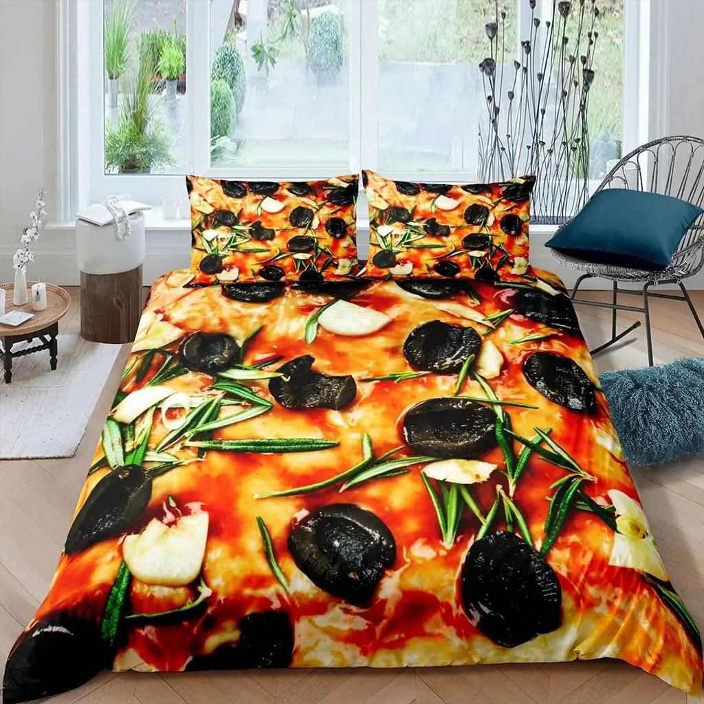 Pizza Bettbezug-Set Käsepizza Bettwäsche-Sets Pepperoni Nudeln Bettdeckenbezug-Set Full Queen Größe Lebensmittel-Thema Gesteppte Decke