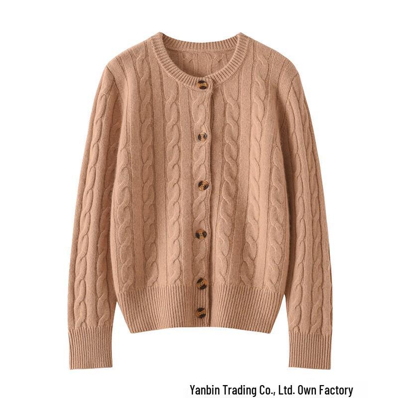 Women's Thick Cable Knit Cashmere Cardigan - Autumn/Winter Round Neck Loose Knitwear Jacket