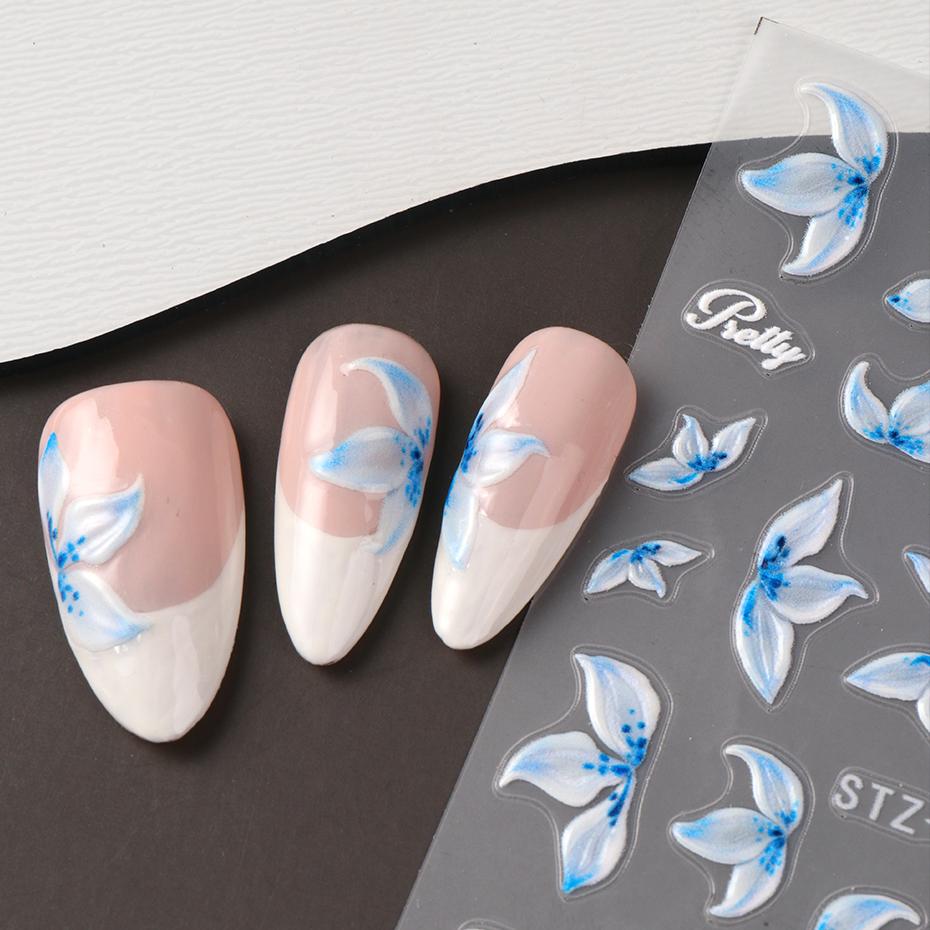 Xiaomi 2pcs Blue Lily Flower Nail Art Stickers Floral Petal Nail Decals 3D Stickers Spring Summer Manicure French Tip Nails Decorations