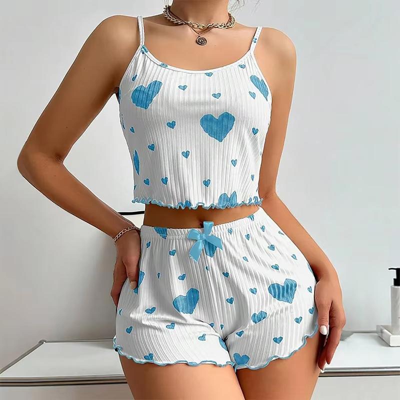 SummerWomen's Pajama Set Breathable Soft Casual Love Printed Design Sweet Home Strap Shorts Pajamas