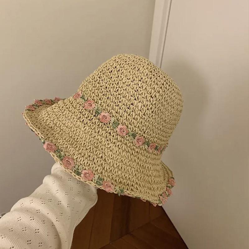 Stylish Ins Flower Foldable Straw Hat For Women Summer Beach Sun Protection