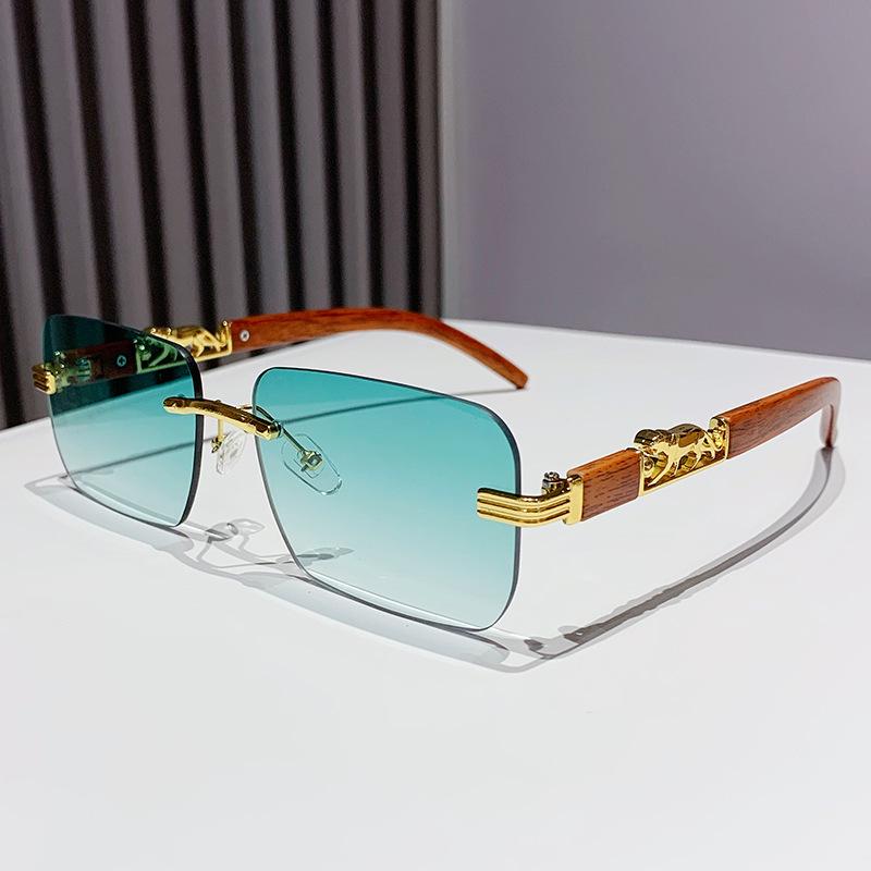 European Frameless Edge Cut Wood Grain Leopard Head Sunglasses: Unisex, Square Frame, Trendy for Driving