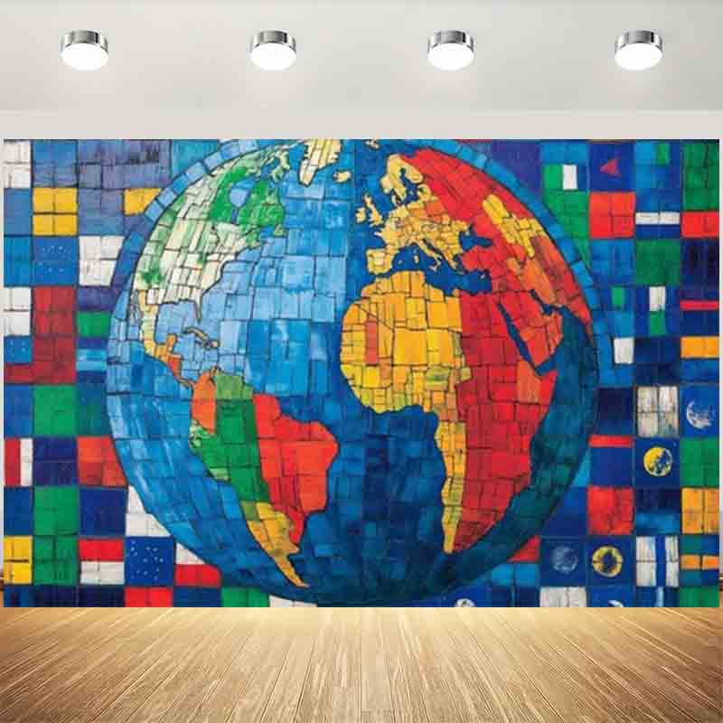 Mosaic World Globe National Flags Photography Backdrop Global Travel Classroom Educational Theme Shooting Photo Banner