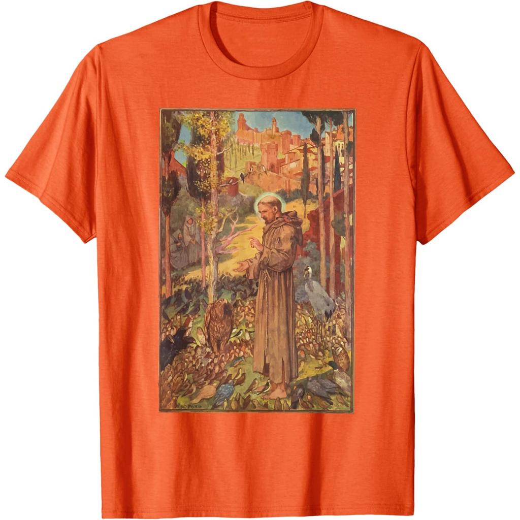 T-shirt Grafica San Francesco d'Assisi che Predica agli Uccelli Uomo Casual Girocollo Stampa Maglietta