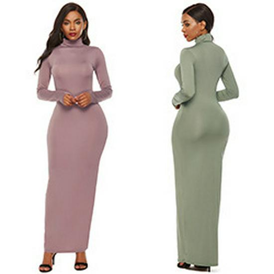 Elastic High-Neck Long-Sleeve Maxi Dress