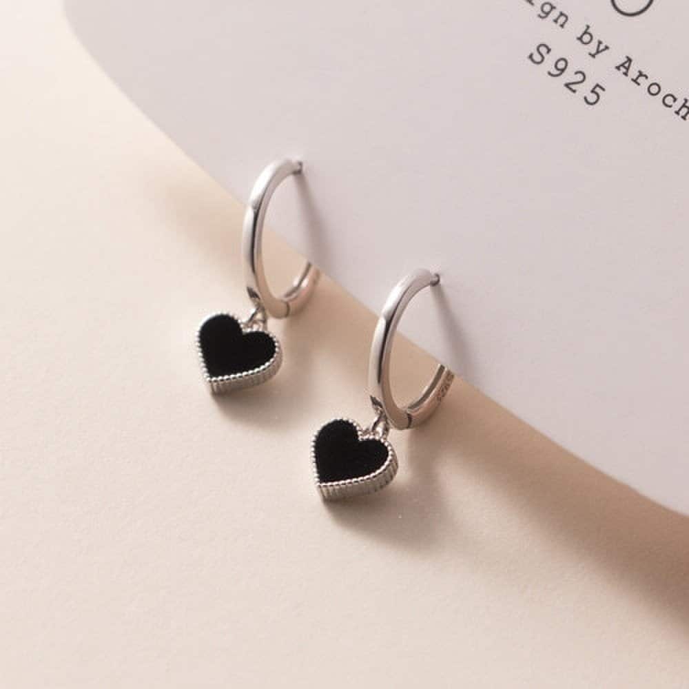 Silver 925 Black Heart One-Touch Ring Silver Earrings E124