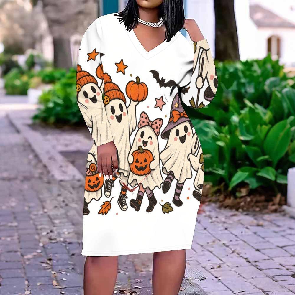 Women Plus Size V Neck Long Sleeve Halloween Ghost Pumpkin Printed White Fitted Straight Dress
