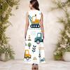 Women Plus Size Round Neck Sleeveless Cartoon Construction Vehicle Printed A Line Long Dress With Pockets