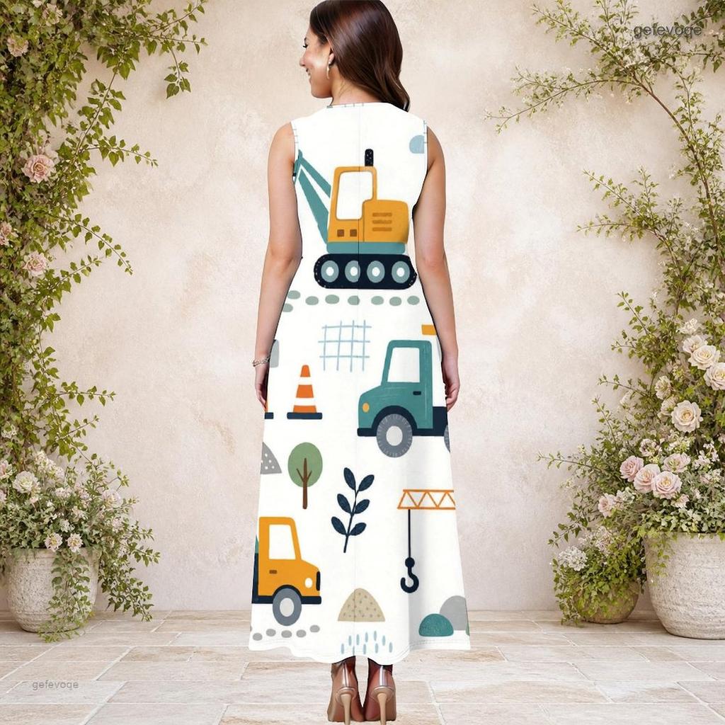Women Plus Size Round Neck Sleeveless Cartoon Construction Vehicle Printed A Line Long Dress With Pockets
