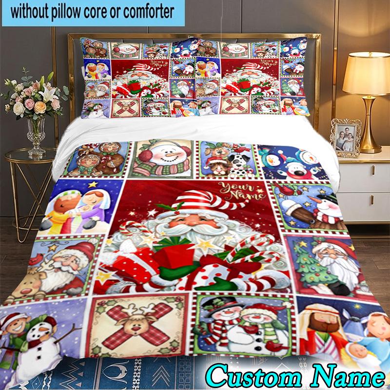 Custom Name 3PCS Santa Snowman Friendship Bedding Set,Including Duvet Cover And 2pcs Pillowcases Perfect for Bedroom,Dormitory,Fan Christmas Gift