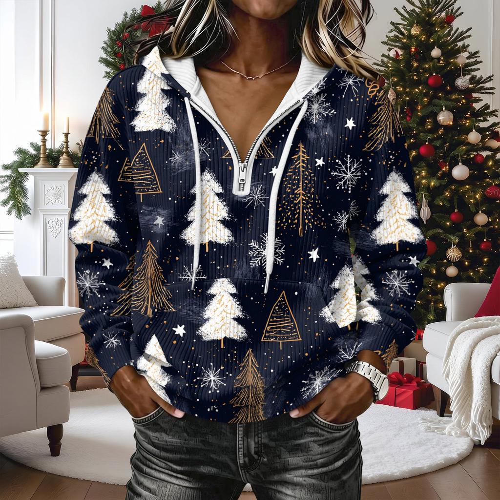 Women's Long Sleeve Christmas Print Hoodie Pullover Top with
