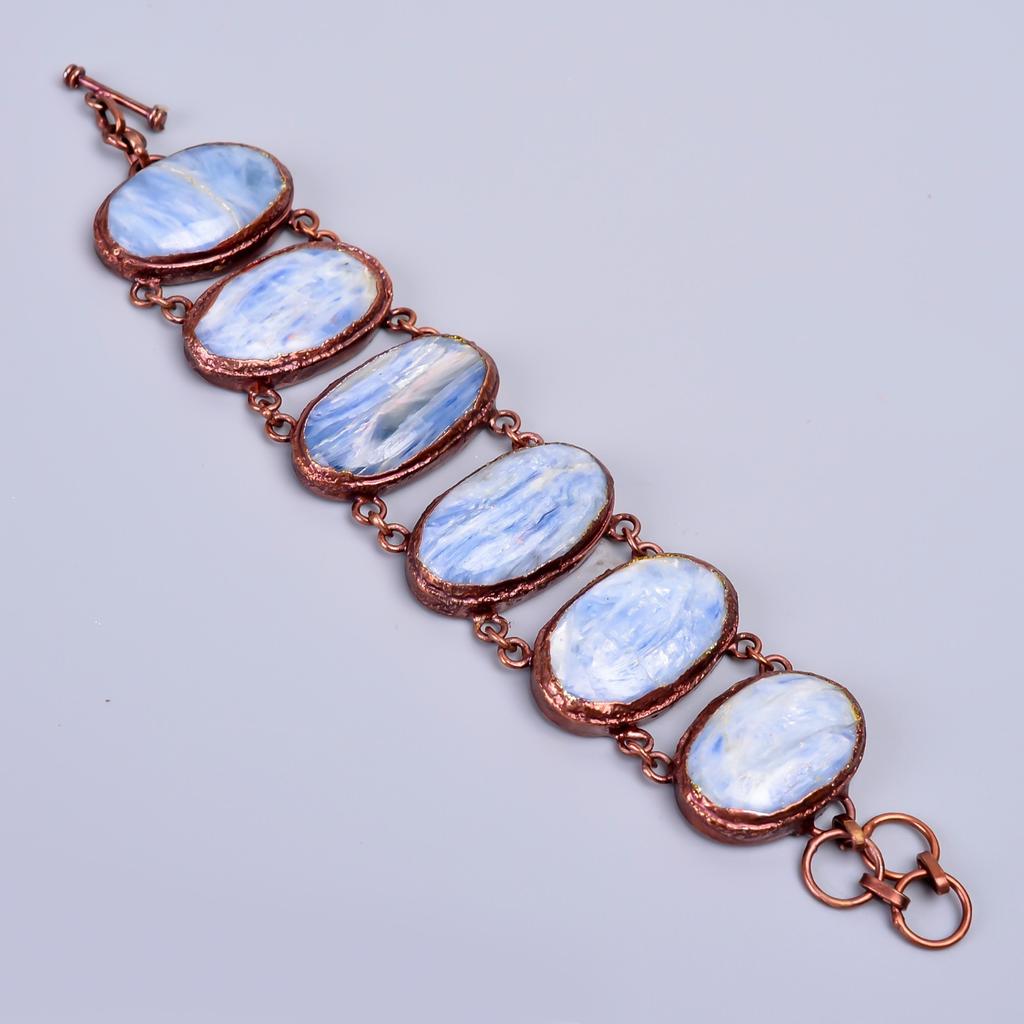 Oval Blue Kyanite Stone Copper Statement Anniversary Gift Electroformed Bracelet V-74