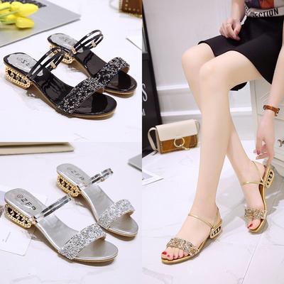 Cool Slippers for Women 2025 Summer Rhinestone Sequins with One Word Outside, Fashionable European and American Shoes and Two Sandals for Women