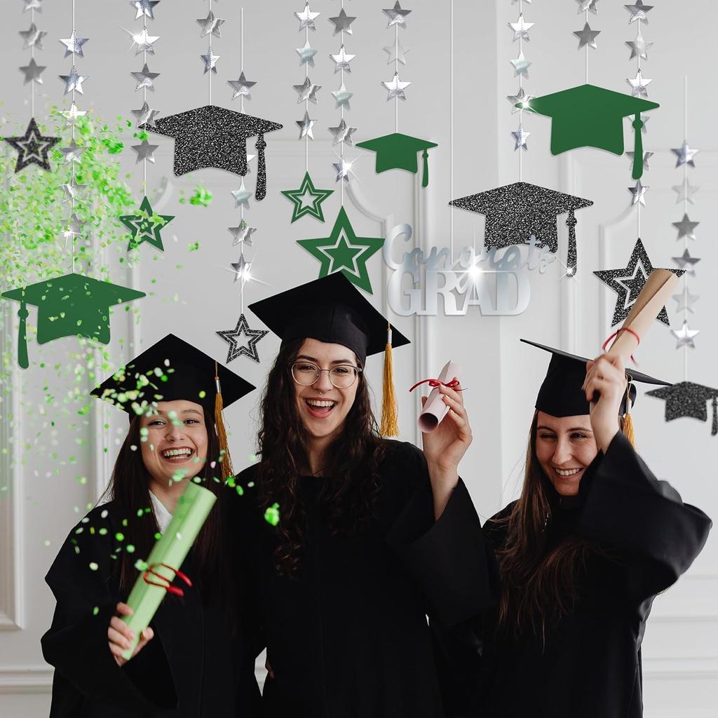 Cheerland 2025 Graduation Banner Party Decorations Green Graduation Cap Garland Kit Congrats Grad Supply for Prom Backdrop Decoration Ceiling Decor