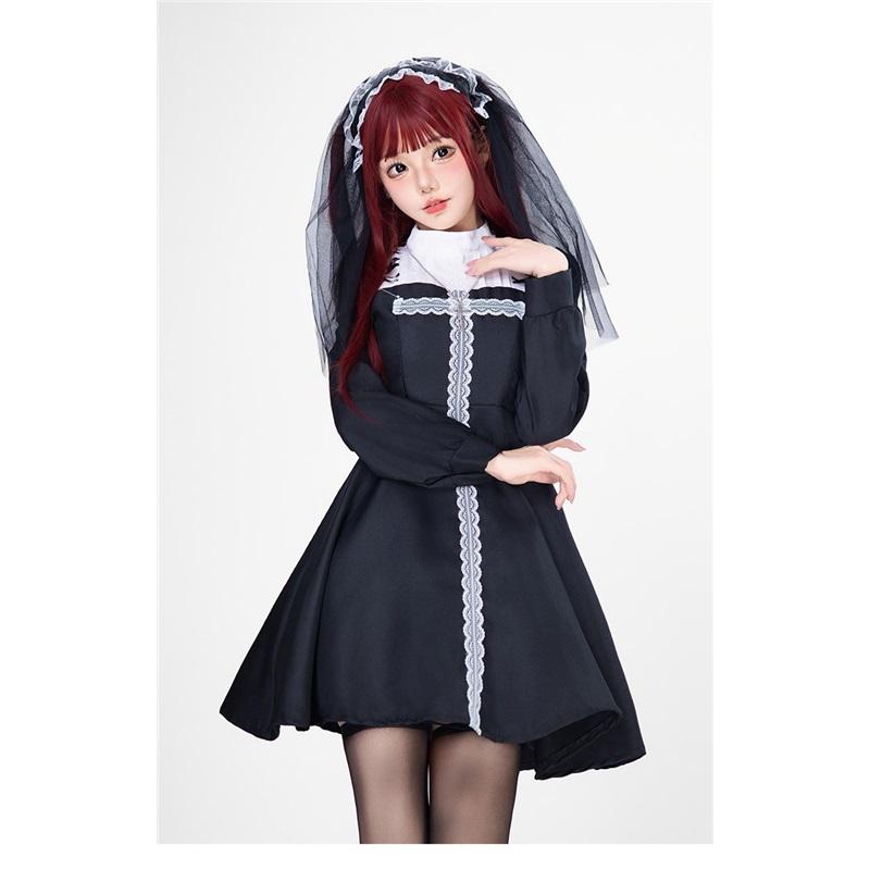 Gothic Bride Halloween Costume Dark Witch Nun Vampire Outfit With Cross For Halloween Party Ghost Performance