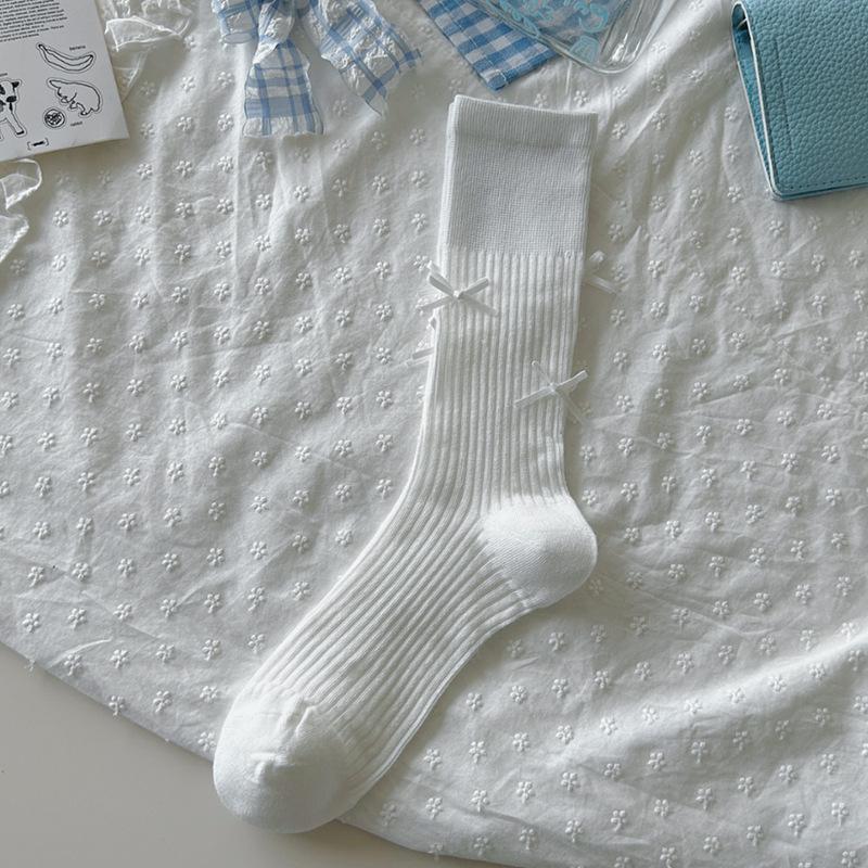 Ballet Style Solid Color Bow Mid Tube Socks Summer Cotton Lightweight Breathable Fashionable Soft Comfortable Casual Women Socks