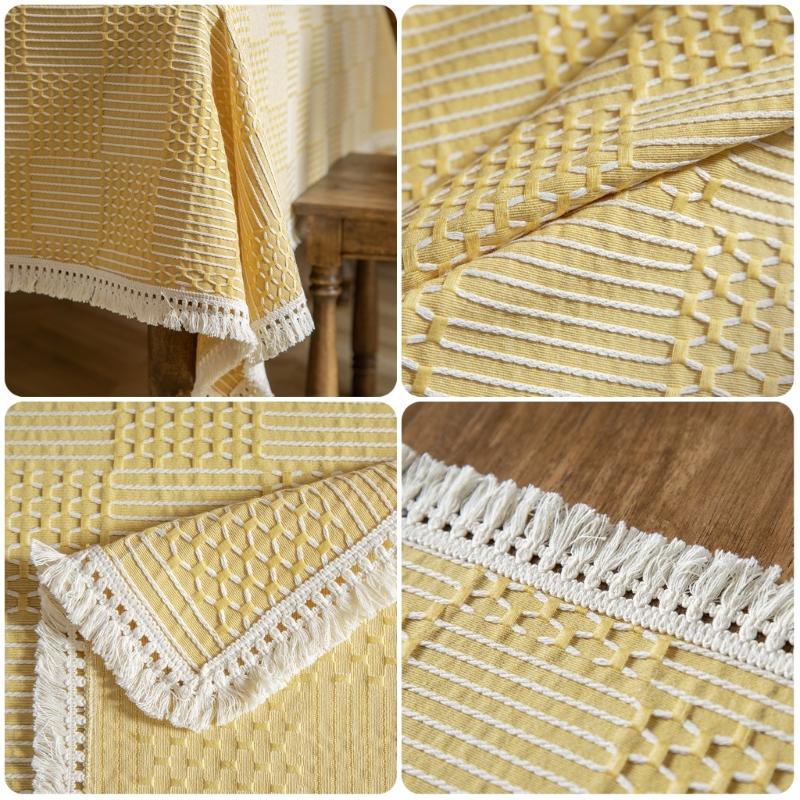 Fringed Table Cover Stains Resistant Polyester Linen Texture Tablecloth Decors For Kitchen Dining Room Decorations
