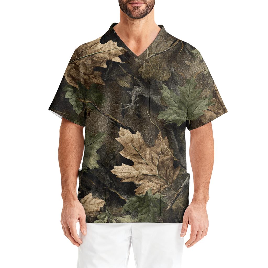 Men's Printing Short Sleeve V,neck Working Blouse Chest Pocket Carer Top