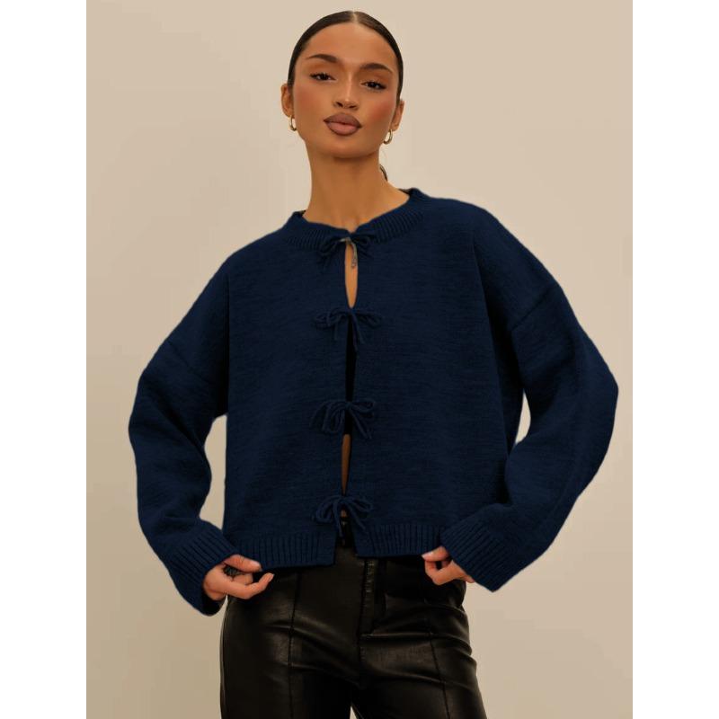 

Autumn and Winter Women s Casual Loose Cardigan Lace-up Solid Color Knitted Sweater XL Темно-синій