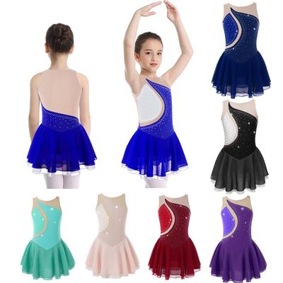 Kids Girls Sparkly Rhinestone Figure Ice Skating Dress Sleeveless Roller Skating Gymnastics Leotard Dress