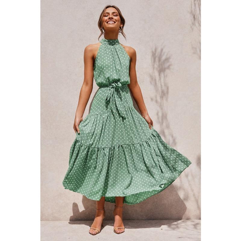 Women's Hanging Neck Polka Dot Printed Tie Dress Long Long Dress